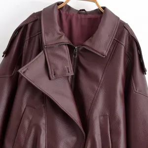Veste en faux cuir bordeaux femme automne hiver revers fermeture eclair motif litchi manteau