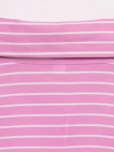 Close-up detail of pink and white striped shirt collar, featuring neat stitching and texture.