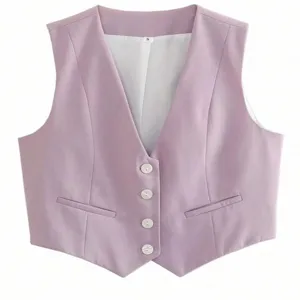Women summer casual V-neck waistcoat crop top solid color single-breasted stylish vest