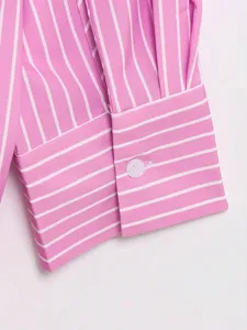 Pink white striped long sleeve shirt cuff detail, classic button closure casual top.