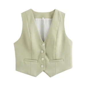 Green women casual suit vest crop top, V-neck single-breasted button detail summer top.