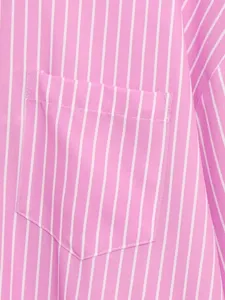 Pink and white vertical striped casual shirt chest pocket detail close-up presentation