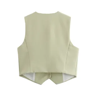 Sage green crop vest top, stylish sleeveless summer casual waistcoat for women.