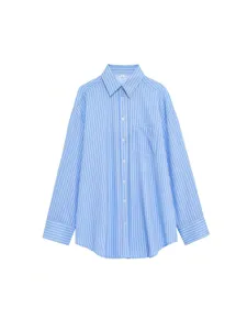 Blue and white striped long sleeve casual oversized button down shirt detail view