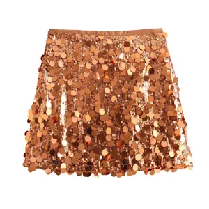 Copper sequin mini skirt detail, high waist shimmering A-line party clubwear apparel.