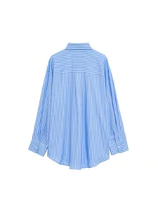 Blue and white striped oversized casual long sleeve shirt for women, comfortable daily wear.