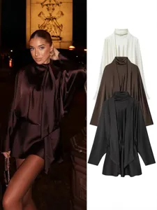 Women's Elegant Satin Scarf Neck Long Sleeve Slim Fit Mini Dress Solid Color Ruched Socialite Style Dress