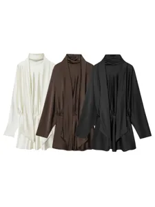 Satin texture scarf collar long sleeve slim short dress, elegant daily wear for women.
