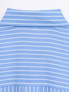 Detail view of casual striped women shirt collar, lightweight summer blouse top, loose fit.