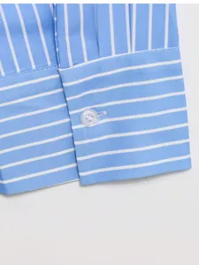 Blue and white striped casual women shirt sleeve detail with white button fashion top.