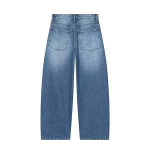 Classici jeans in denim blu a vita alta, gamba larga e tasche posteriori, vista retro.