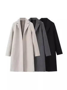 Manteau en Laine Longue Décontracté Manches Longues Revers Couleur Unie Devant Ouvert Coupe Ample Hiver Vêtements d'Extérieur