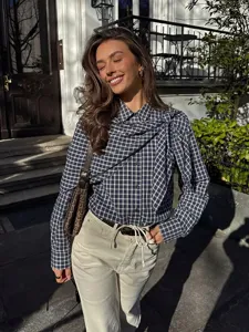 French style plaid tie long sleeve shirt detail, elegant loose lapel casual top for women.