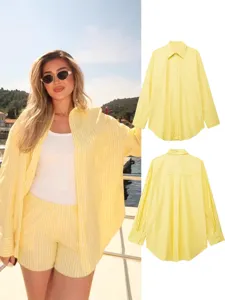 Women's Casual Long Sleeve Striped Turn-Down Collar Single-Breasted Loose Sun Protection Shirt Basic Blouse