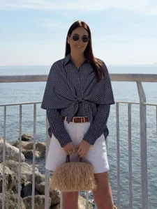 French plaid tied long-sleeve shirt for women, loose lapel casual top with cape design.