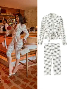 Women's Casual Polka Dot Long Sleeve Shirt And High Waist Pants Set Fashion Two Piece Outfit
