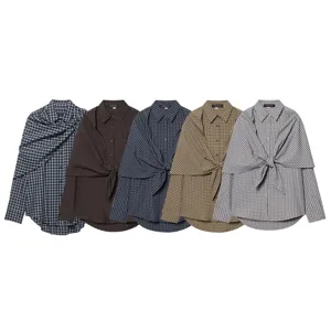 Detailed view of long sleeve plaid shirts with stylish front tie design and lapel collar.