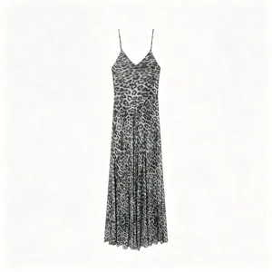 Leopard print spaghetti strap long dress detail showcasing V-neck slim fit summer style.