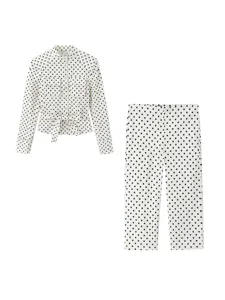 Chic women polka dot long sleeve shirt and high waist pants two piece outfit set daily.