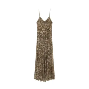 Detailed view of the leopard print slip dress fabric and V-neck design, elegant style.