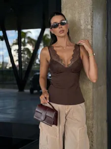 Women's chic lace satin camisole top, elegant V-neck sleeveless autumn fashion apparel.