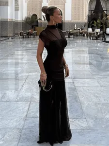 Mujer primavera estilo europeo vestido largo sin mangas cuello alto plisado negro