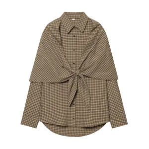 Women's French plaid tie shirt, loose lapel long-sleeve casual top, stylish detail view.