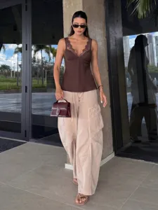 Chic brown lace satin camisole top for women, elegant sleeveless summer tank apparel.