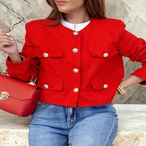 Classic red tweed short jacket for women featuring round neck and elegant gold buttons.