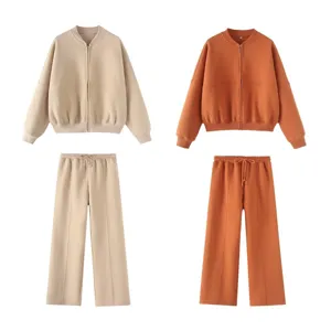 Women casual zip up bomber jacket and wide leg pants tracksuit set two piece lounge wear