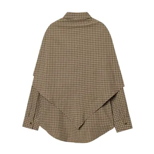 French vintage plaid long sleeve shirt with unique cape overlay design, loose casual top.