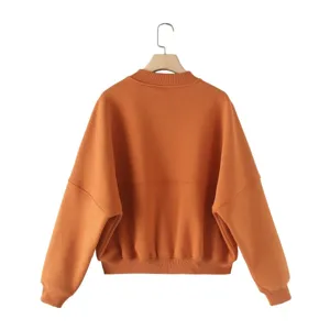 Orange long sleeve women sweatshirt back view, comfortable casual pullover basic outerwear top.