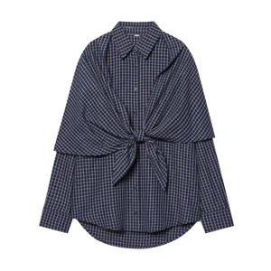 Women stylish navy blue plaid button down shirt with chic front knot cape design top
