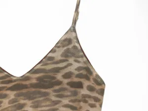 Leopard print mesh camisole detail, V-neck strap design, summer women apparel close up view.
