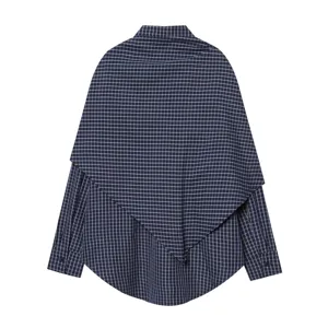 Women's casual loose long sleeve plaid shirt with unique draped shawl collar top fashion.