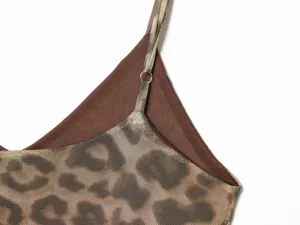 Leopard print camisole dress detail, V-neck mesh fabric with adjustable thin straps.