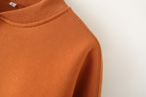 Detailed view of women's long-sleeve sweatshirt shoulder and collar with rib knit design.