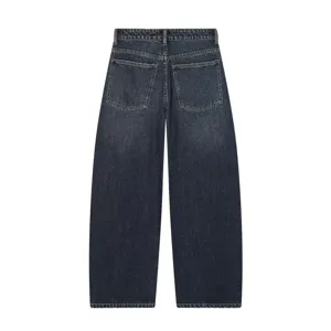 Vista posteriore di jeans larghi lavaggio scuro con vita alta e doppie tasche posteriori.