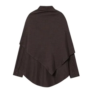 Women's long sleeve plaid shirt with layered cape design casual loose button down top