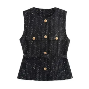 Classic black tweed vest with round neck, gold metal buttons, and chic waist belt for women.