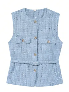 Blue tweed vest for women, sleeveless button-down waistcoat with belt and pockets.
