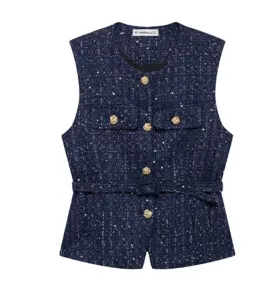 Women's navy blue tweed sleeveless vest with gold metal buttons, chest pockets, and belt.