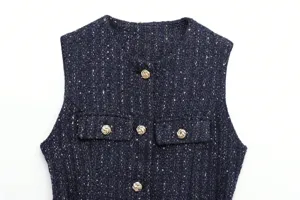 Dark blue tweed sleeveless vest for women featuring metallic threads and chic gold buttons.