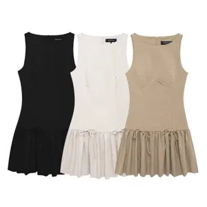 Women summer sleeveless mini dress casual cute pleated hem bow solid color party clubwear