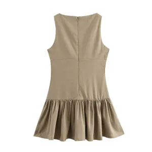 Khaki sleeveless short dress featuring a fitted bodice and a cute ruffled hemline.