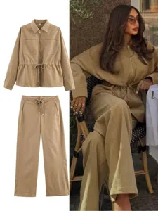 Women Casual Long Sleeve Full Zip Jacket Top And Wide Leg Pants Solid Color Polyester Fall Fashion Streetwear Apparel