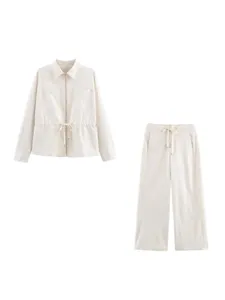 Women Two Piece Outfit Casual Long Sleeve Zip Up Jacket and Wide Leg Pants Set White