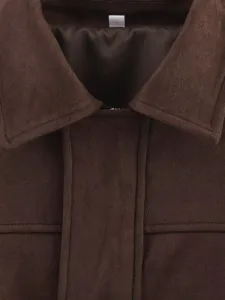 veste marron effet suedine col detail vue gros plan vetement mode haut texture style