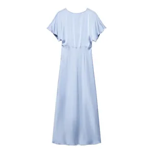 Detail view of a light blue silk satin dress showcasing short sleeves and elegant waist design.