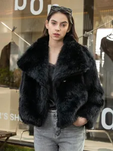 Women fashion black faux fur lapel coat casual autumn winter warm outerwear chic style.